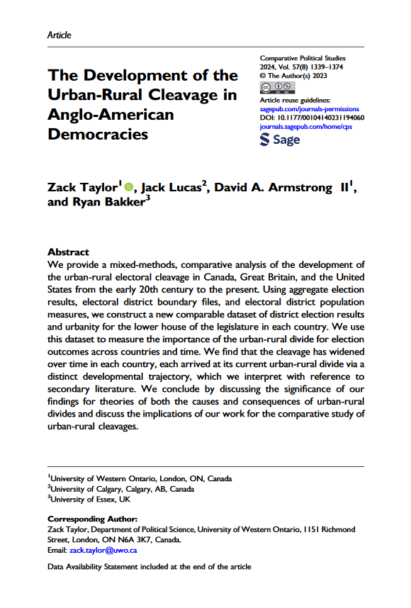 The Development of the Urban-Rural Cleavage in Anglo-American Democracies